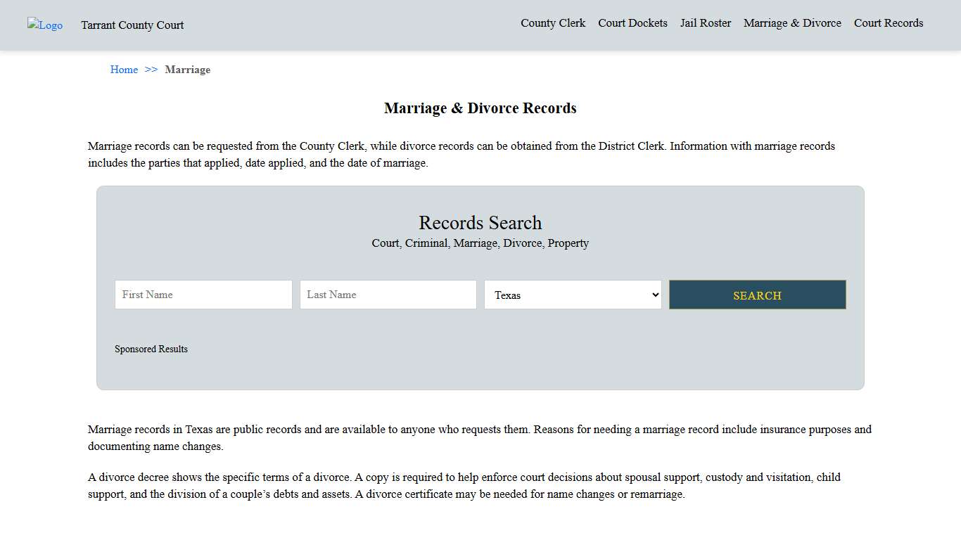 Marriage & Divorce Records Tarrant County Court